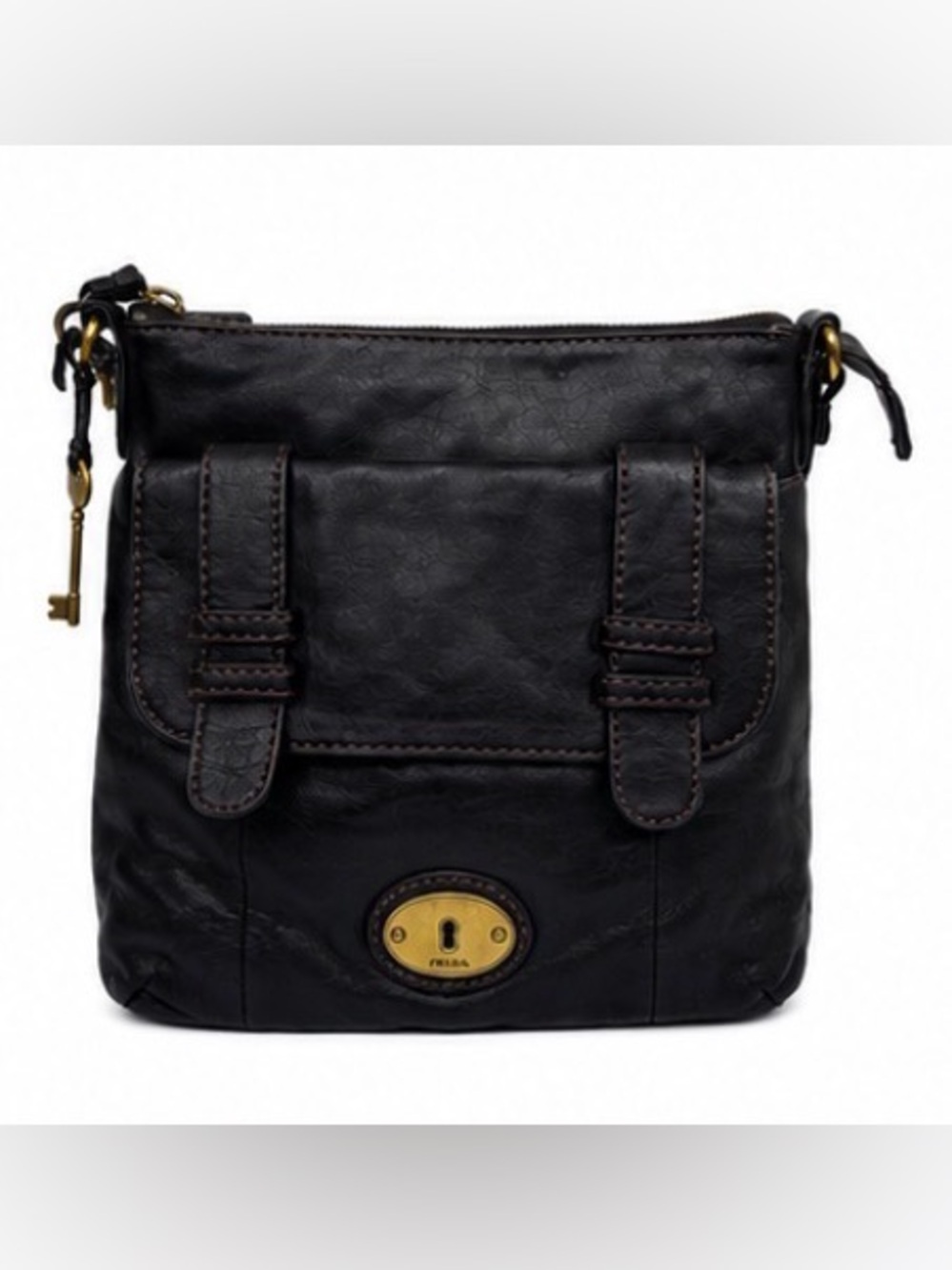 Fossil Black Leather Keyhole Crossbody Bag Brass Hardware Adjustable Strap